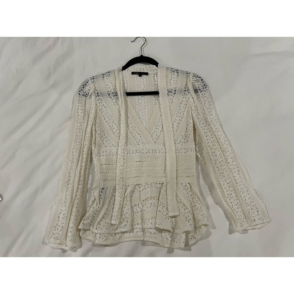 Maje Lace Peplum and Tie Neck Top